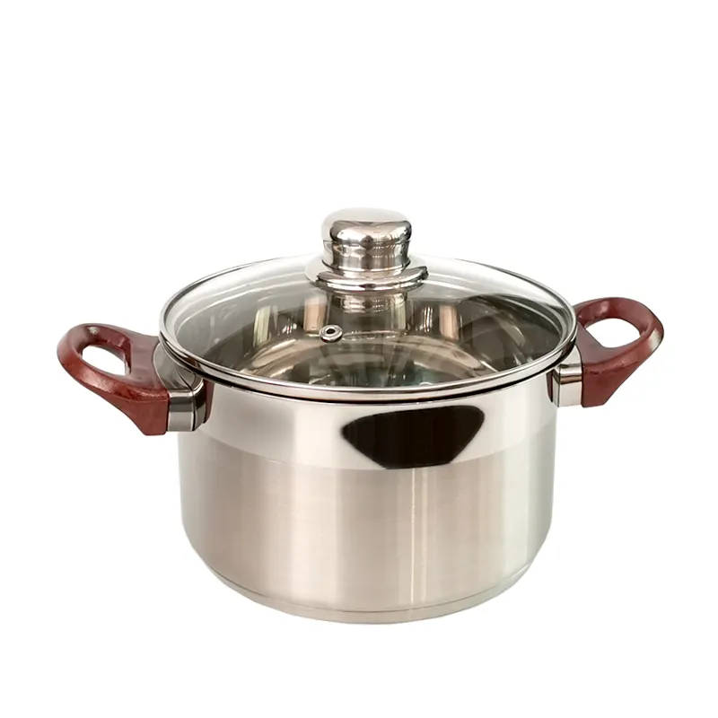 Olla de sopa de acero inoxidable 304 2.5QT, con 2 asas laterales de madera, Base de construcción de 3 capas con tapa de vidrio, olla de cocina