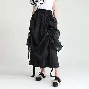 新款2024夏季新款中长裙系带设计白色黑色仙女风格女式百褶裙