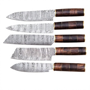 Juego de 5 Cuchillos de Cocina Hechos a Mano de Acero de Damasco con Hoja Biselada y Mango de Micarta, Personalizables OEM/ODM/OBM - Product Image 1