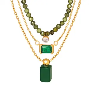 Fashion Women Jewelry Multi Layered Green Square Emerald Pendant Necklace White Zircon Beaded Chain Necklace For Women