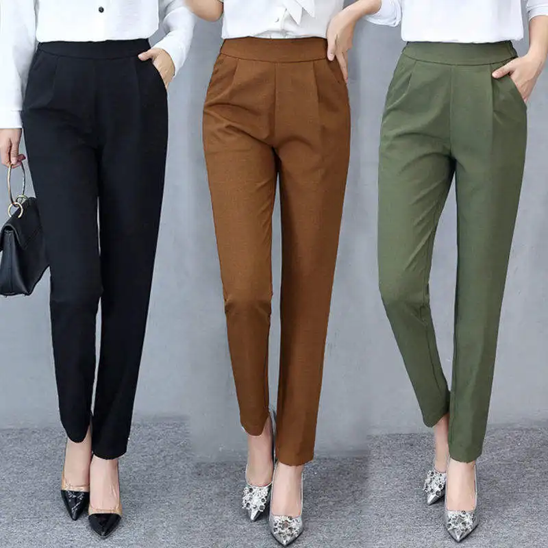 Novo estilo fino cintura alta Slim caramelo preto verde calças compridas