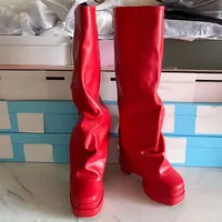Dernières bottes hautes au genou en cuir orange à tige large pour femmes Double plate-forme talons hauts épais manches pli bottes d'hiver taille 34-46