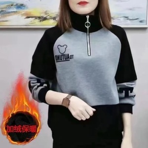 Women's Fleece-Lined Sweatshirt Loose Fit Color-Blocked Warm Autumn Winter Top Base Layer Medium Thickness Polyester Fabric - Product Image 2
