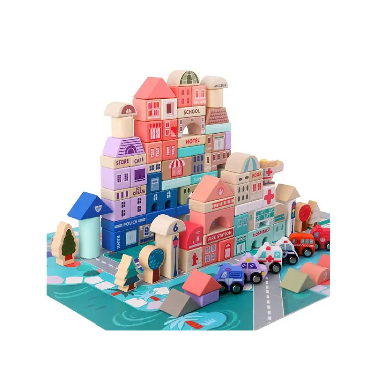 Iyi satış 115 adet sokak görünümü kale istifleme oyuncak seti şehir yapı taşı, ahşap yapı blokları, ahşap yapı taşları