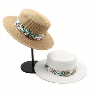 Summer Women Lady Female Boater <b>Hat</b> Jewel Ring Hawaii Floral Design 100% Paper Straw <b>Hat</b> <b>for</b> Beach Outdoor Fashion Sun Shade - Product Image 1