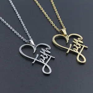 Religious Faith Heart Necklace Women Men Stainless Steel Gold Plated Christian Inspirational Jewelry Gift
