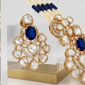 Juego de Collar y Aretes de Plata 925 con Piedras Azules y Perlas Blancas Kundan para Mujer, Joyería Nupcial India Tradicional - Product Image 4