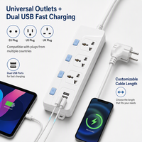 Multiprise industrielle universelle durable avec logo personnalisé, 3 prises individuelles avec interrupteurs, 2 ports USB, câble de 1,8 m, courant nominal 10A pour