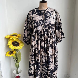 Robe mi-longue décontractée en coton imprimé à la main en Inde, à manches bouffantes, col en V, écologique, respirante, grande taille, pour femmes, été - Product Image 1