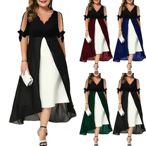 Women's V-Neck Splicing Two Piece Irregular Midi Sleeve Dresses V Neck Patchwork Office Formal Business Dress