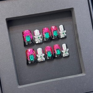 Ongles press-on faits main de haute qualité en acrylique <span class=keywords><strong>noir</strong></span> scintillant motif rose française, vente en gros - Product Image 1
