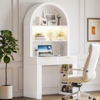 Bureau d'ordinateur moderne et durable en chêne blanc avec éclairage LED, tiroirs cannelés, idéal pour le bureau à domicile, le salon, l'appartement et les petits espaces