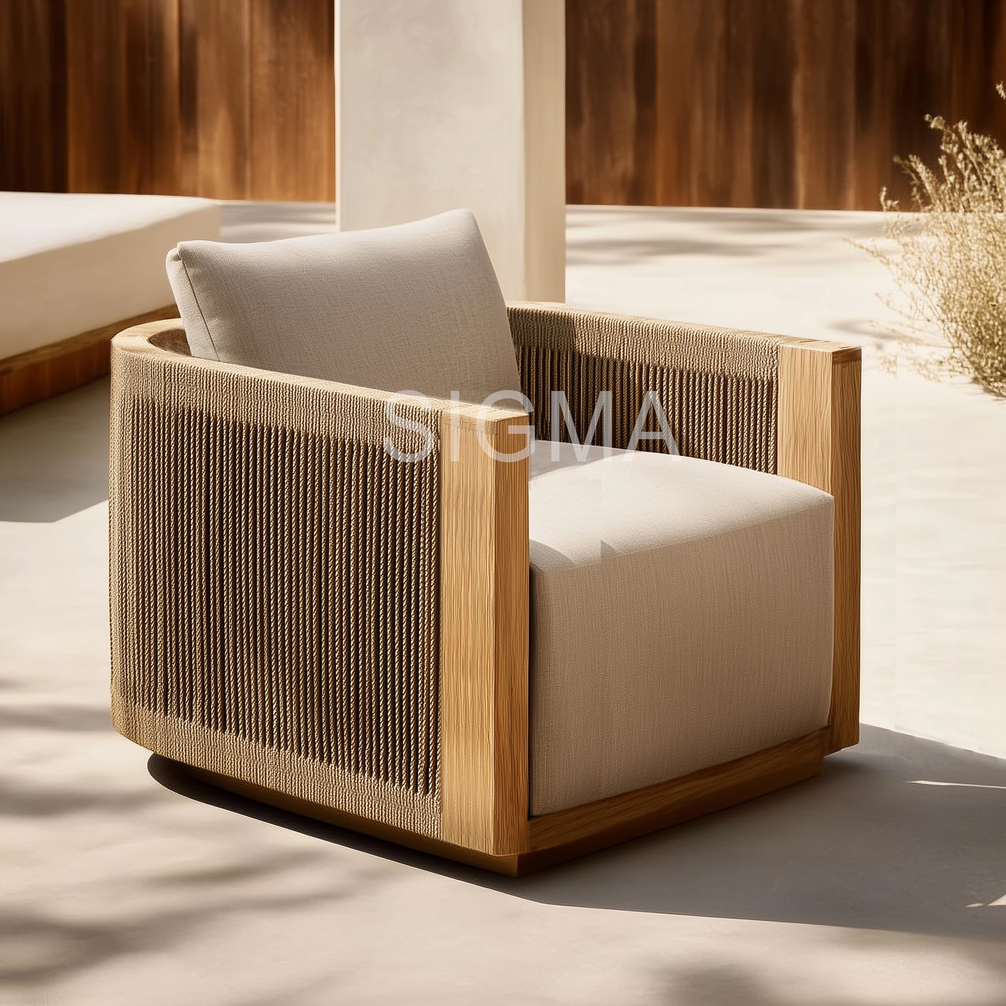 Contemporary Luxury Outdoor Dining Furniture Set Weather-Resistant Solid Teak Wood with Rattan Rope for Farmhouse Park Apartment