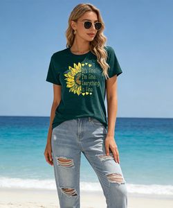 T-shirt da donna in cotone con colletto alla coreana, a maniche corte, con stampa girasole e bandiera USA, casual, simpatica e divertente - 'I'm Fine Everything Is Fine' - Product Image 3