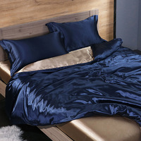 Parure de lit de luxe personnalisable en soie glacée double face, comprenant une housse de couette et un drap, couleur unie, ensemble moderne quatre pièces