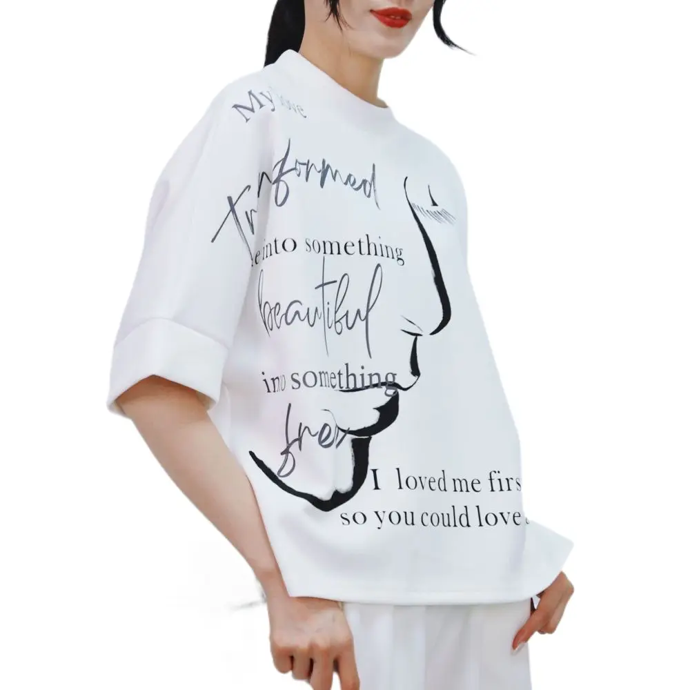 Women's T-Shirt O-Neck Korean Fashion Split Hem Women Letter Printed Lady Graphic Tee For Autumn