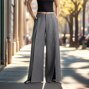 Pantalones de Cintura Alta y Pierna Ancha, Color Gris Sólido, Pliegues Delanteros, Cierre de Cremallera, Corte Holgado, Estilo Minimalista, Pantalones de Otoño para Mujer - Product Image 2