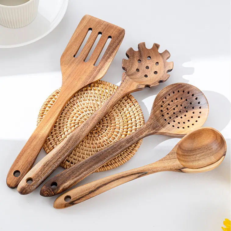 100% Natural Wooden Kitchen Cooking Tools, uncoated dishwasher safety Wooden Kitchen Spoon Utensil Set