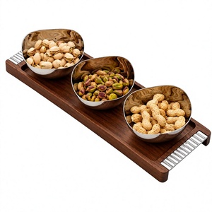 Plateau de service en bois nordique avec ensemble de bols à collation en acier inoxydable, plateau décoratif pour fruits secs et noix, idéal pour la maison et les fêtes - Product Image 1