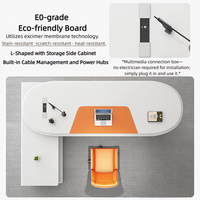 Bureau de direction moderne en forme de L, blanc brillant, avec armoire latérale orange et hub d'alimentation