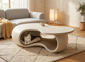 Modern Curved Coffee Table <b>Cat</b> Cave 2-in-1 Design <b>Cat</b> Tunnel <b>Bed</b> Stylish Living Room Decor Pet House - Product Image 3