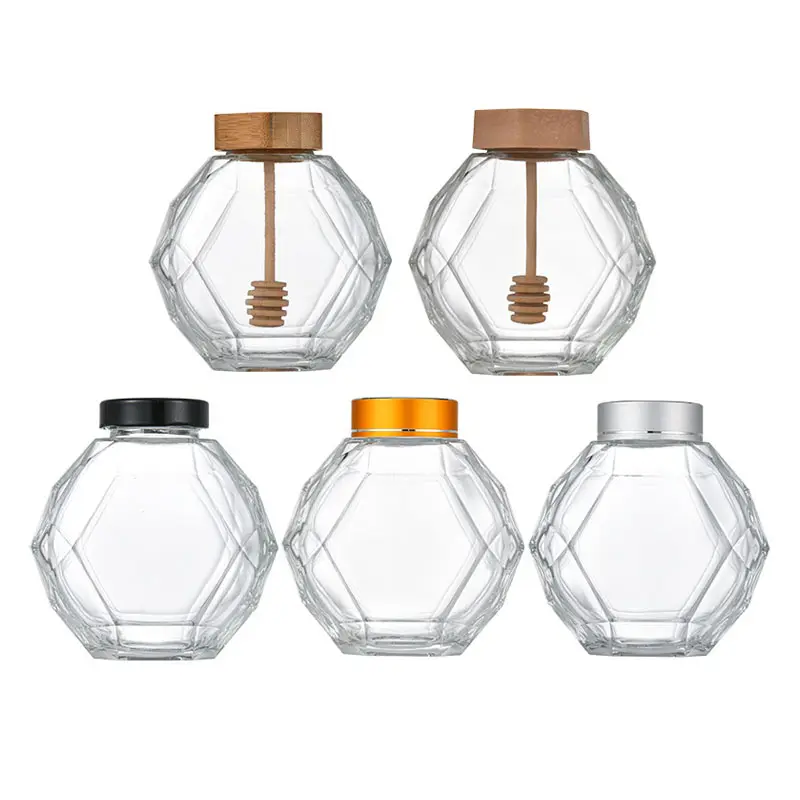 Gran oferta, 200ml, 380Ml, contenedor hexagonal transparente vacío, botella de vidrio, tarro de miel de mermelada con cuchara de madera, corcho de Bambú