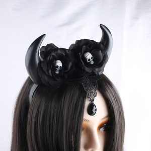 New Style Girl Halloween Costume Party Rose Flower Crown with Devil Horn Skull <b>Headband</b> - Product Image 3