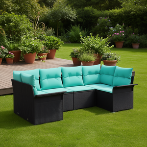 Black Poly <b>Rattan</b> Garden <b>Sofa</b> Set With Cushions 6 Person Outdoor Furniture Contemporary Design - Product Image 2