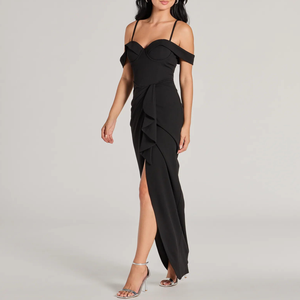 Custom Summer Women Fashion Crepe <strong>Off</strong> <strong>Shoulder</strong> Sweetheart Neck Ruffle Detail High Slit Bodycon Maxi Elegant <strong>Formal</strong> Evening <strong>Dress</strong> - Product Image 2