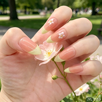 Kuku Palsu Lepas Pasang Bentuk Almond French Tip ABS Warna Nude Pink dengan Dekorasi Bunga Putih Hijau Mint