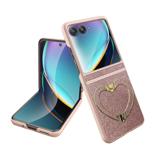Love Bracket Glitter Design Motorola 50/50Ultra 40/40Ultra Fold Phone Case with PC Imitation Leather Material and Ring Holder