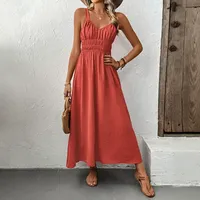 Robe midi décontractée pour femmes, couleur unie, sans manches, disponible en noir, rouge, café, marron, bleu, polyester, ODM, vente en gros, faible MOQ