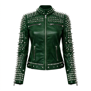 Green Punk Style Studded <b>Leather</b> Motorcycle <b>Jacket</b> <b>Men</b> Plus Size Regular Sleeve Stand Collar Zipper Closure - Product Image 1