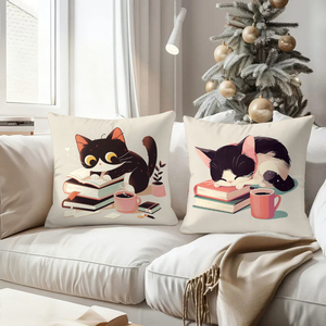 Cute black and white cats reading books with coffee cozy throw pillows festive holiday decor - Product Image 4