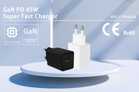 Cargador rápido GaN PD3.1 de 45W con puertos duales tipo C de 1/2 "+ tipo C, enchufe de la UE, respetuoso con el medio ambiente para portátiles móviles y dispositivos inteligentes