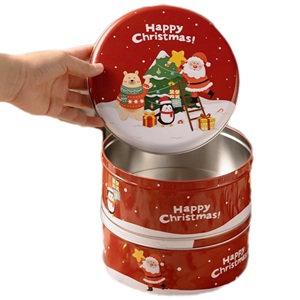 Christmas Decor Red Green Printed Chocolate Packaging Box Round Gift Metal Tin Box Packaging For Present Penguin Tin