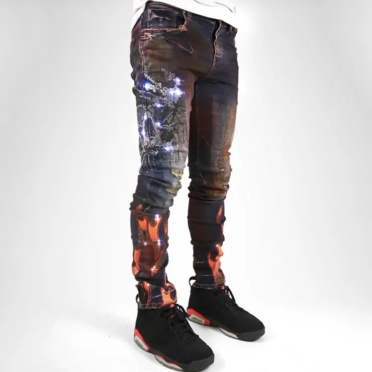 Oem Custom Black Mens Industrial Indigo Flame Rhinestone Jeans Printed  Crazy Jeans for Men