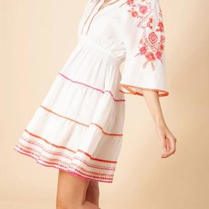 Robe élégante en lin et coton, col en V, décontractée, brodée, manches courtes, mini-robe d'été pour femmes - Product Image 3