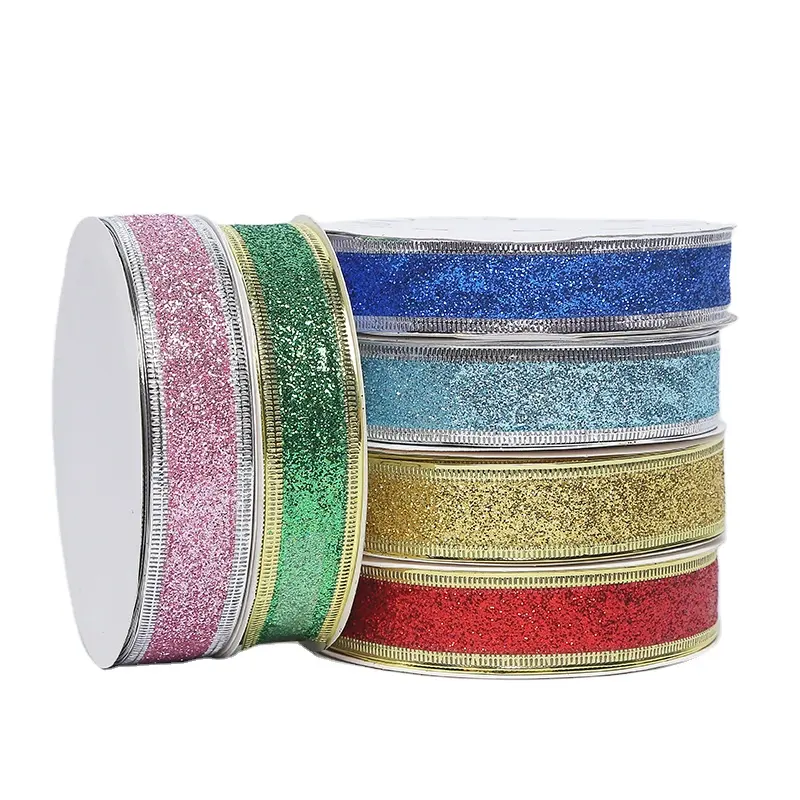 Gold silver metallic glitter Christmas ribbon with wired edge