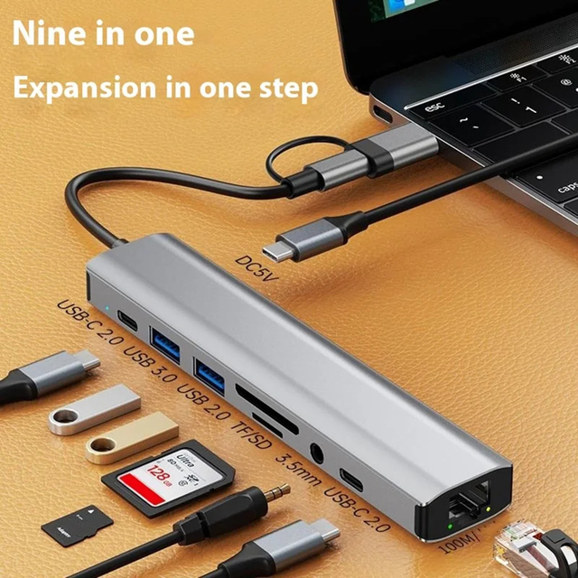 9 in 2 Multi Aluminum Alloy USB Type-C Docking Station USB 3.0 Hub with 100Mbps Ethernet Port 3.5mm Audio Interface TF Support