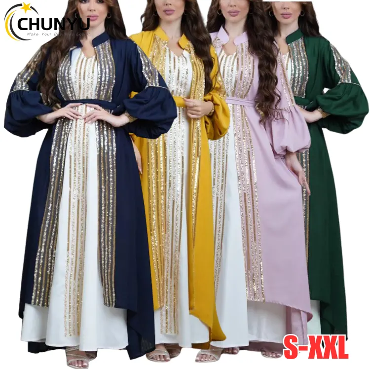 Women's Abaya Muslim 2 Piece Set Embroidery Belted Sequins Puff Long Sleeve Moroccan Caftan Long Formal Maxi Dress