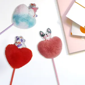 Valentine's Day Promotion Gift Plush Pen Heart Shape Fluffy Pen Cute Ballpoint Pens Party Supplies