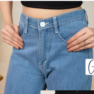 Pantalon en jean pour femme, taille haute, jambe large, avec ceinture intégrée, confortable, style décontracté et urbain, en denim bleu, pour le quotidien - Product Image 1