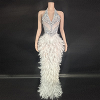 Robe de soirée sirène sexy en maille transparente pour femme, ornée de strass argentés, col halter, dos nu, tenue de luxe pour soirée et scène