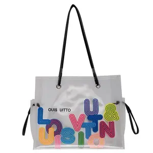 Fashion Summer Candy Colors Waterproof Durable Large Ladies Women Clear PVC Sling Tote Shopping Bag