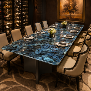 Customized Dining <b>Table</b> Rechtangle <b>Top</b> Modern Villa 8~10 Seater Metal Legs <b>Stone</b> Furniture Luxury Lemurian Blue - Product Image 3