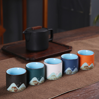 Juego de Tazas de Té de Cerámica China con Elementos Retro, Cinco Tazas, Juego de Té de Porcelana Kung Fu con Caja de Regalo de Lujo para Festivales y Regalos Empresariales