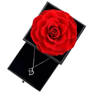 Wholesale 2024 valentines day gift eternal preserved red real rose with I love you necklace in acrylic jewelry box