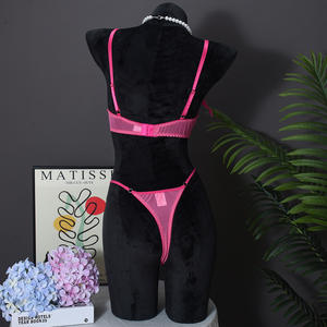 High Quality <b>Bikini</b> Thong <b>Set</b> Bow Satin See Through Mesh Breast Exposure Sexy Lingerie 2 Piece <b>Set</b> for Women - Product Image 6