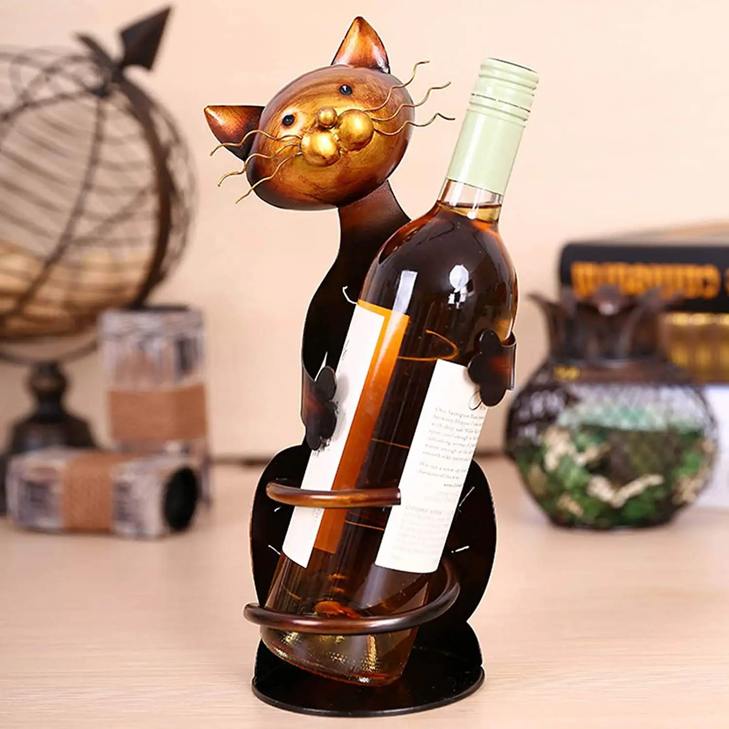 ที่ใส่ขวดไวน์รูปแมวรูปปั้นโลหะสำหรับตกแต่งบ้านงานฝีมือที่วางขวดไวน์รูปแมว